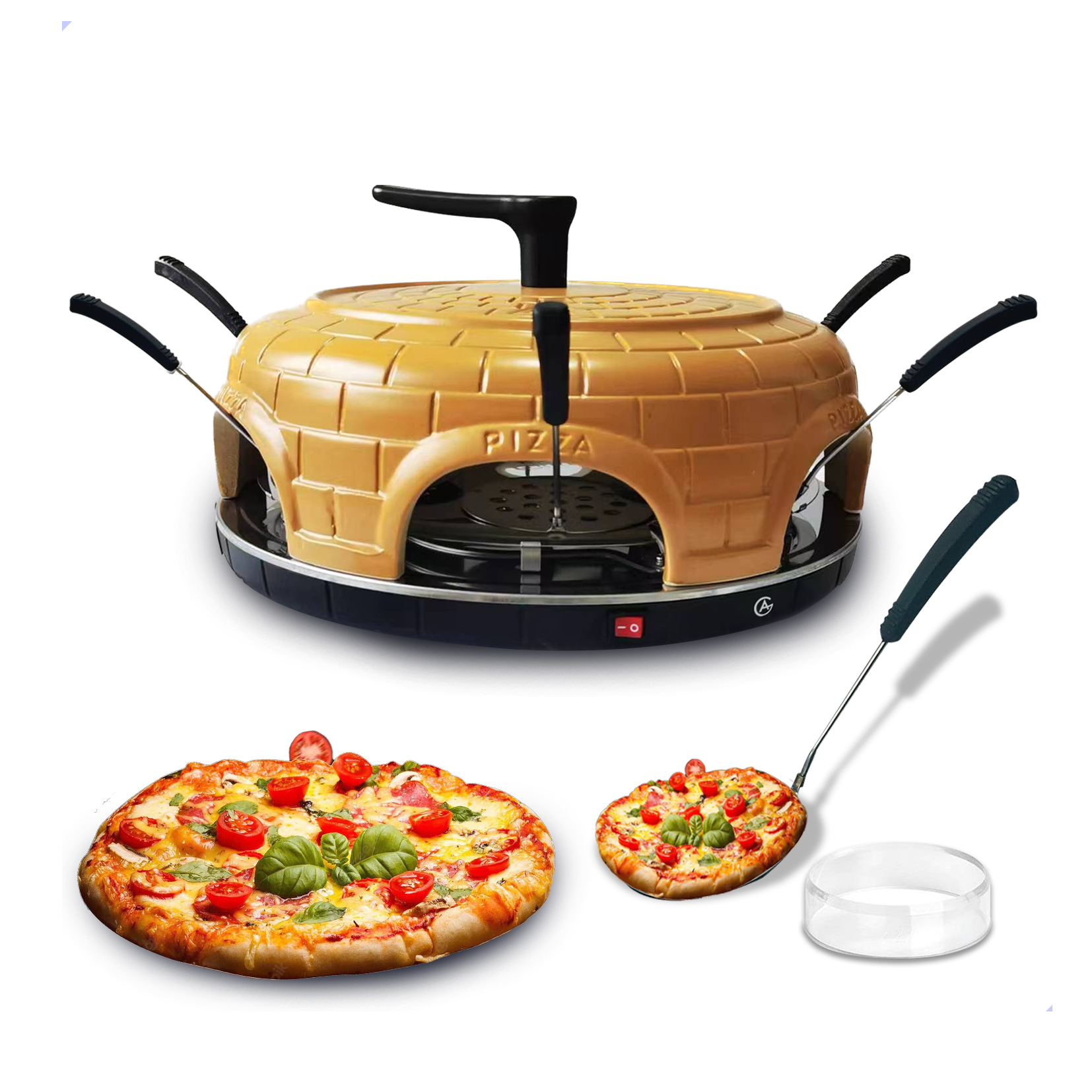 AG280 Pizzarette 6 personen- Elecktrische Pizza Oven – Handgemaakte terracotta keramiek geglazuurd – Inclusief handvat