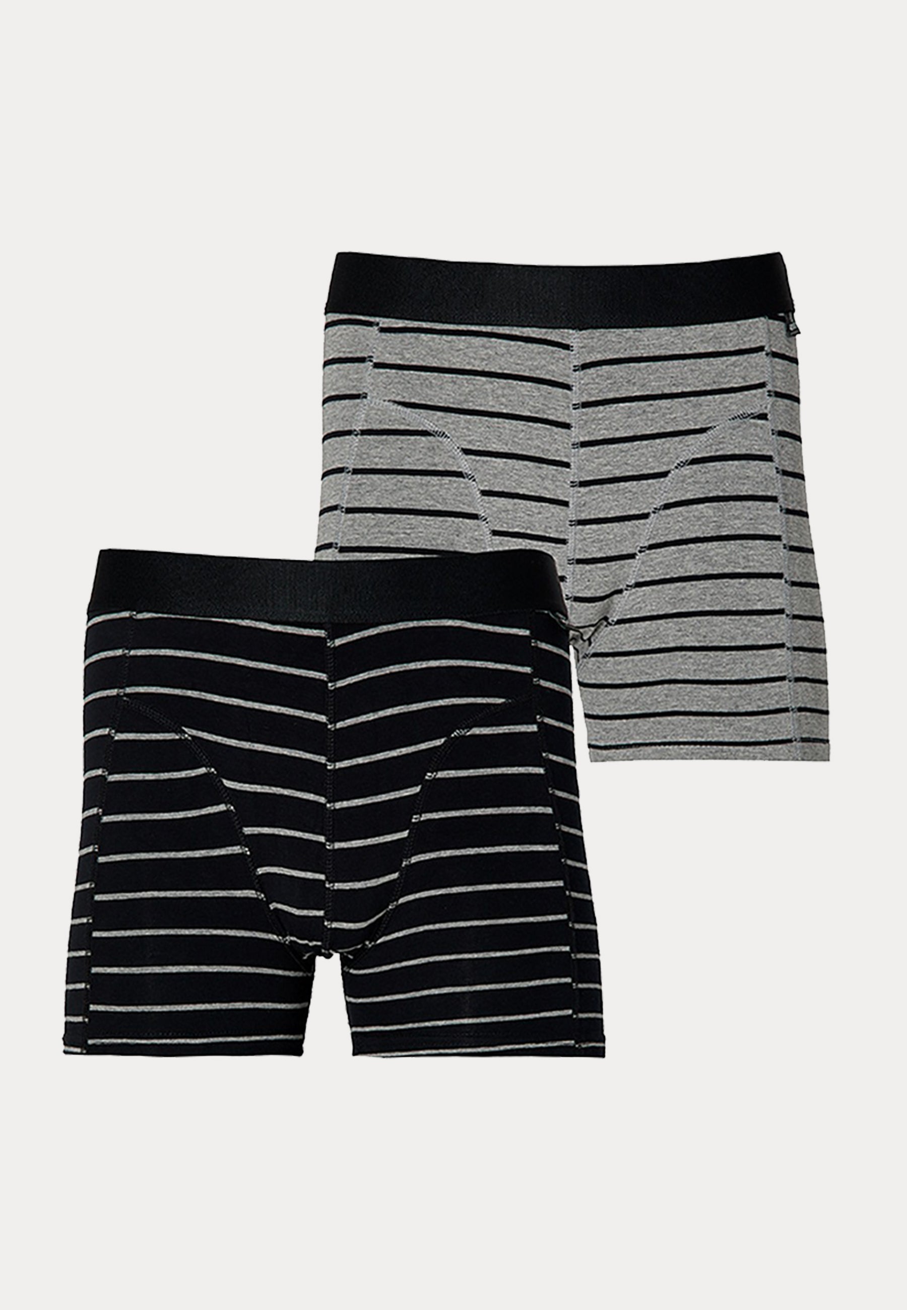 Twee gestreepte bio katoenen boxershorts in de kleuren grijs en zwart
